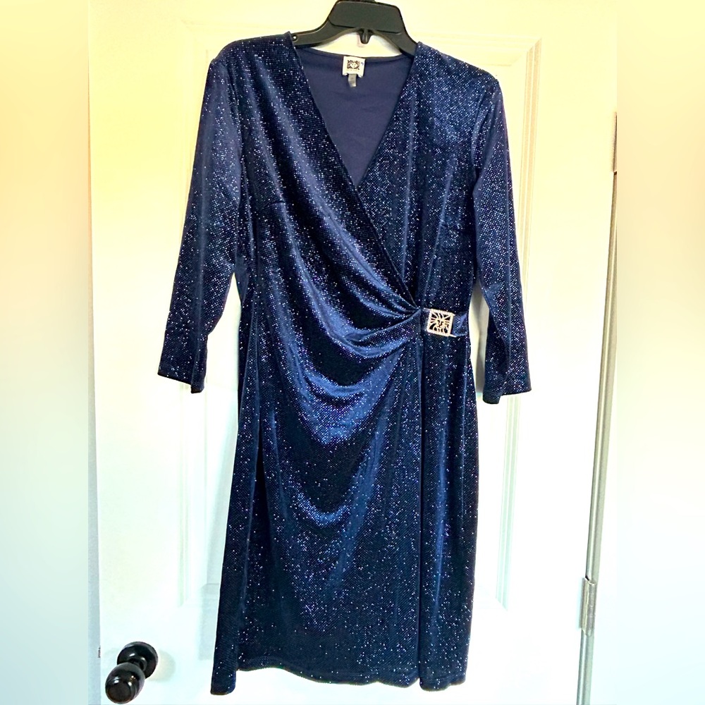 Anne Klein dress women’s size 10 holiday velvet glitter blue navy medium